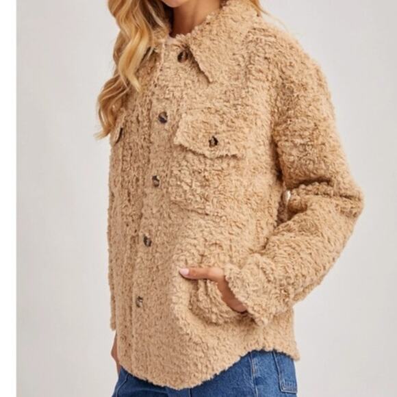Boucle Button Front Woven Shacket Jacket Creamy Latte - Picture 7 of 11